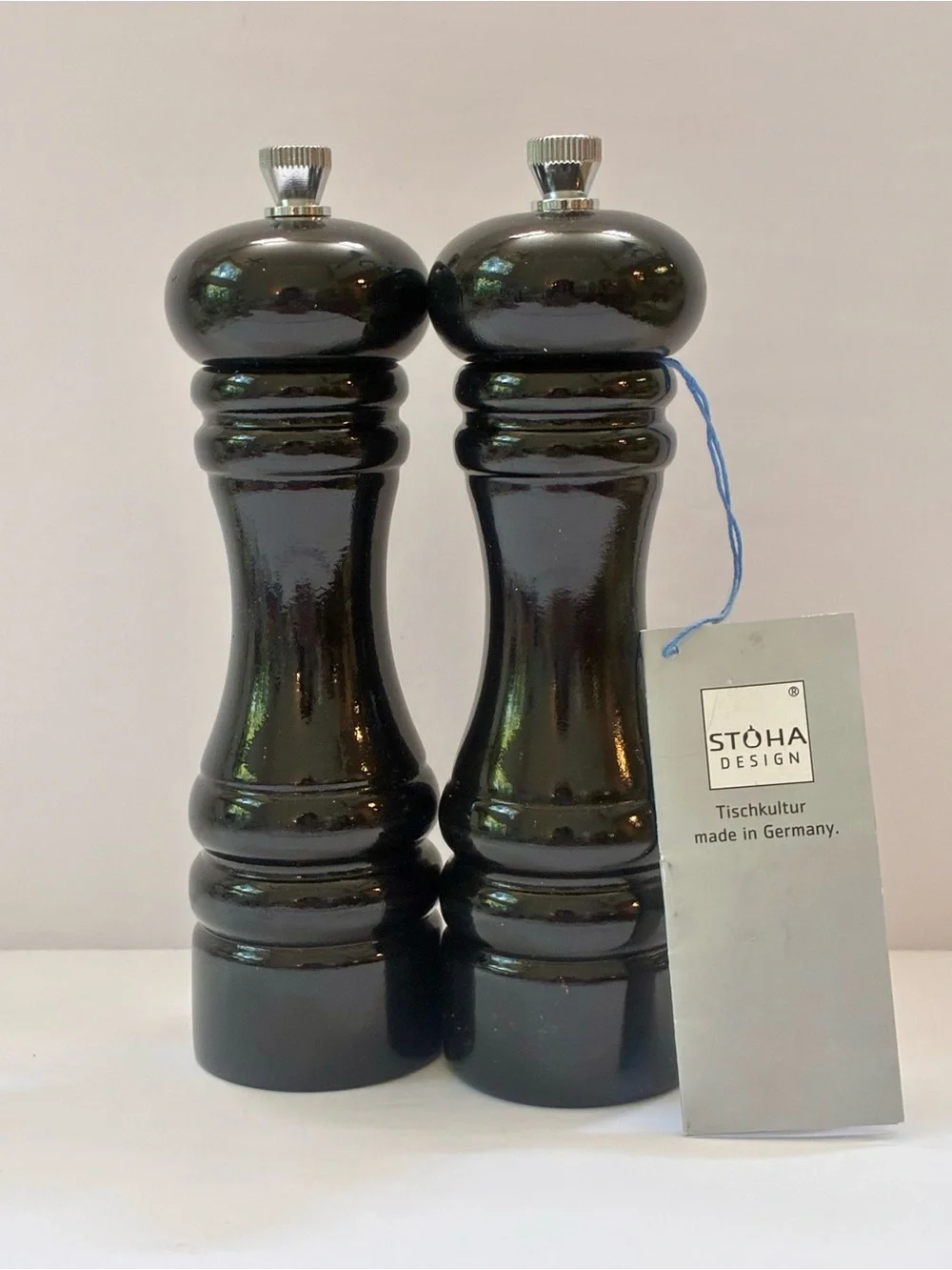 Vintage Stoha Design 7”.5 Black Wooden Salt & Peppermill Set Of 2 Germany New